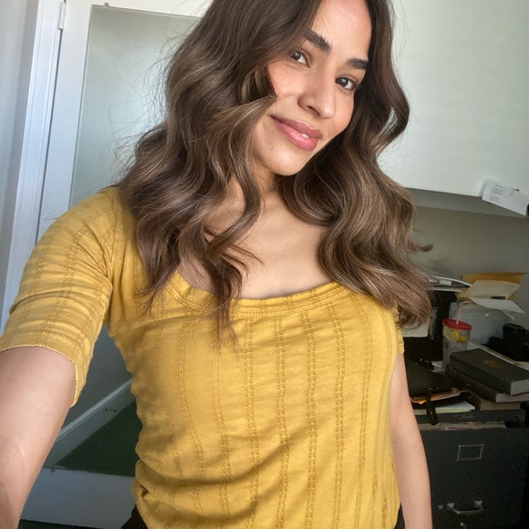 Anthropologie Pilcro Pointelle Scoop Neck Tee mustard color - Picture 3 of 13